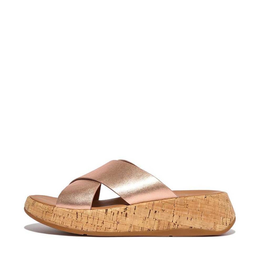 Vrouwen Fitflop Platforms En Sleehaksandalen | F-Mode Metallic Leren Kurk Flatform Kruisslippers