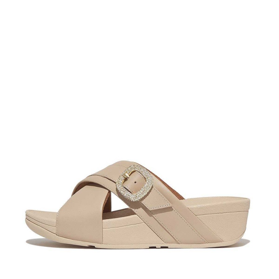 Vrouwen Fitflop Schuif Sandalen | Lulu Leren Kruisslippers Met Kristallen Gesp