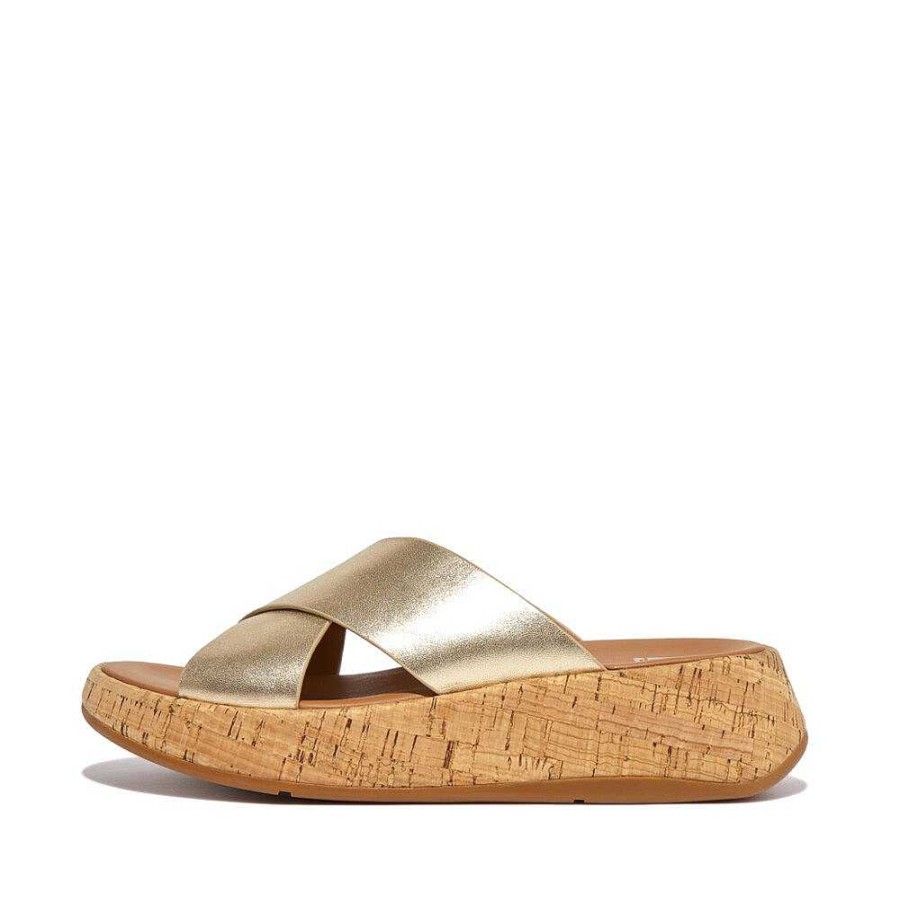 Vrouwen Fitflop Platforms En Sleehaksandalen | F-Mode Metallic Leren Kurk Flatform Kruisslippers