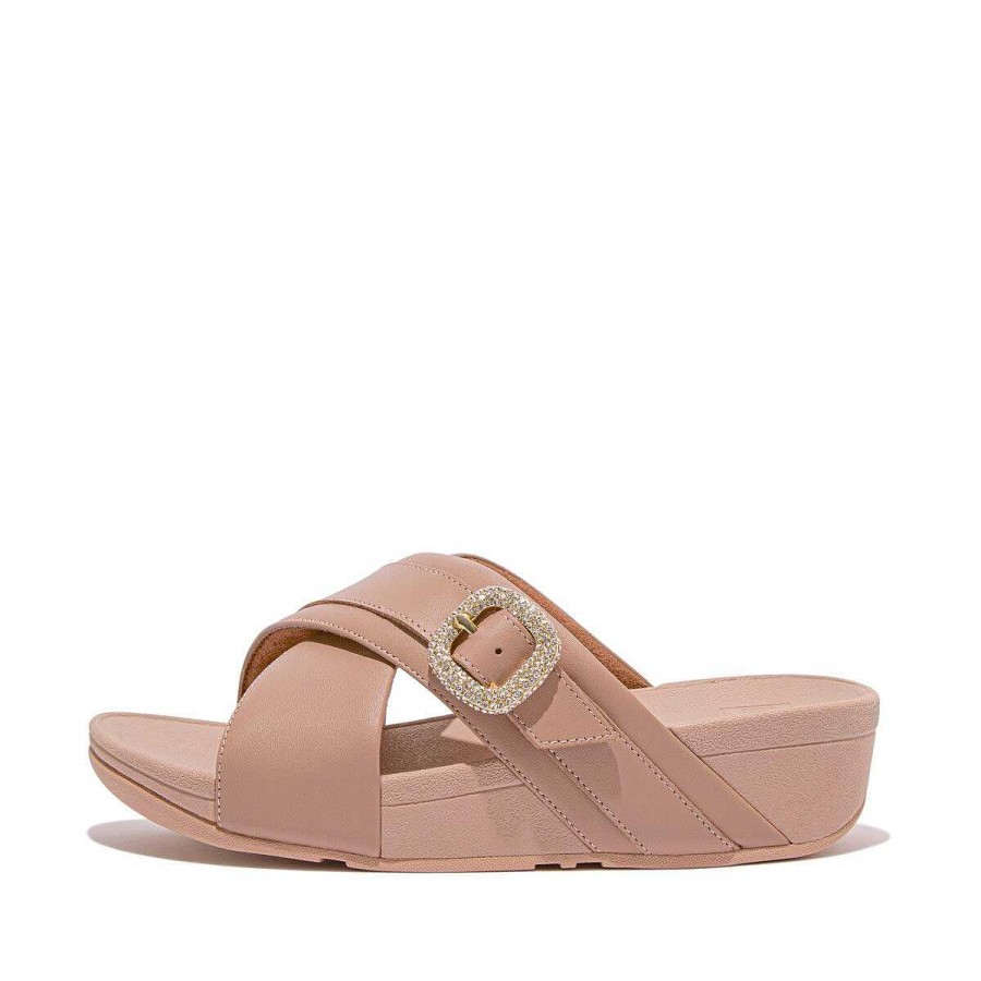 Vrouwen Fitflop Schuif Sandalen | Lulu Leren Kruisslippers Met Kristallen Gesp